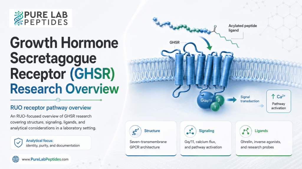 GHSR research infographic showing receptor signaling and ligand pathway context